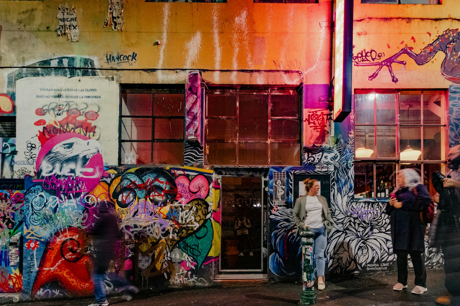 People standing in a Melbourne laneway covered in street art