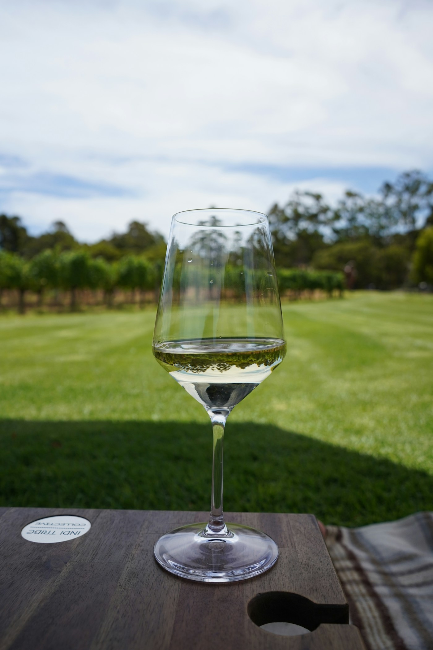 A glass of white wine on a table at the edge of a vineyard